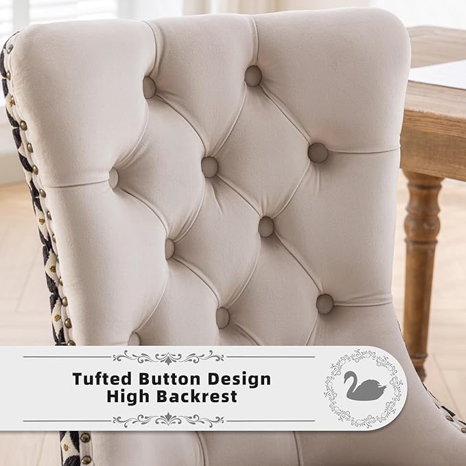 Velvet Upholstered Dining Chairs Set of 6, Modern Style Kitchen Side Chairs with Nailhead Trim and Wood Legs,Metal Pulling Ring for Dining Room Living Room(Quadrangular Star&Beige)