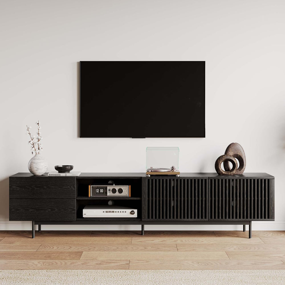 POVISON Mid Century Modern TV Stand, 94.49" Black Solid Wood Media Conso...