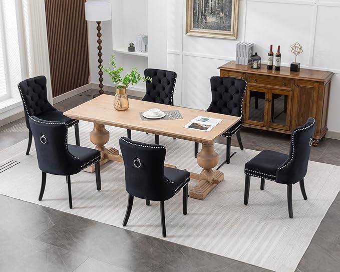 KCC Velvet Dining Chairs Set of 6, Upholstered High-end Tufted Dining Room Chair with Nailhead Back Ring Pull Trim Solid Wood Legs, Nikki Collection Modern Style for Kitchen, Black