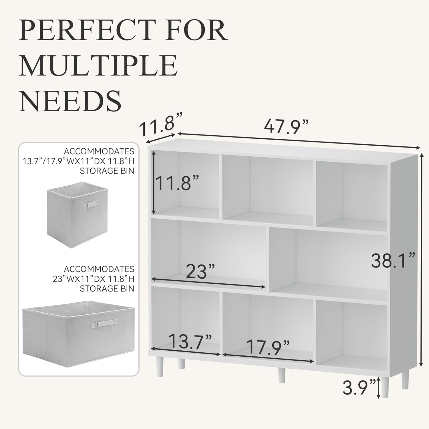 Wood Cube Storage Organizer White Bookshelf - 3-Tier Freestanding Storage Cabinet with Legs for Home Office, 8-Cubes Open Shelf