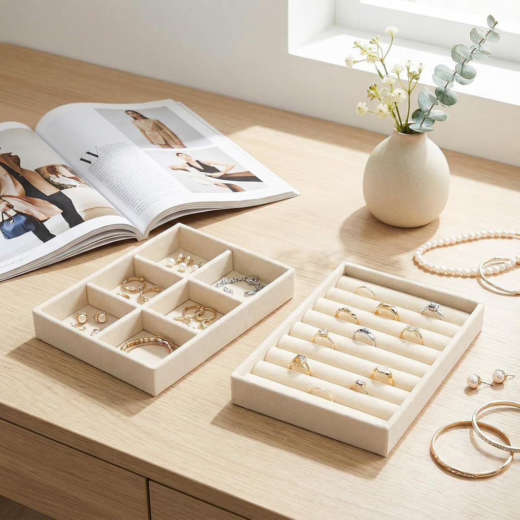 Small Jewelry Tray Set Velvet Ring Organizer Mini Jewelry Drawer Organizer Stackable Jewelrys Organizers Earrings Display Tray Storage Insert Holder for Box Drawer Dresser