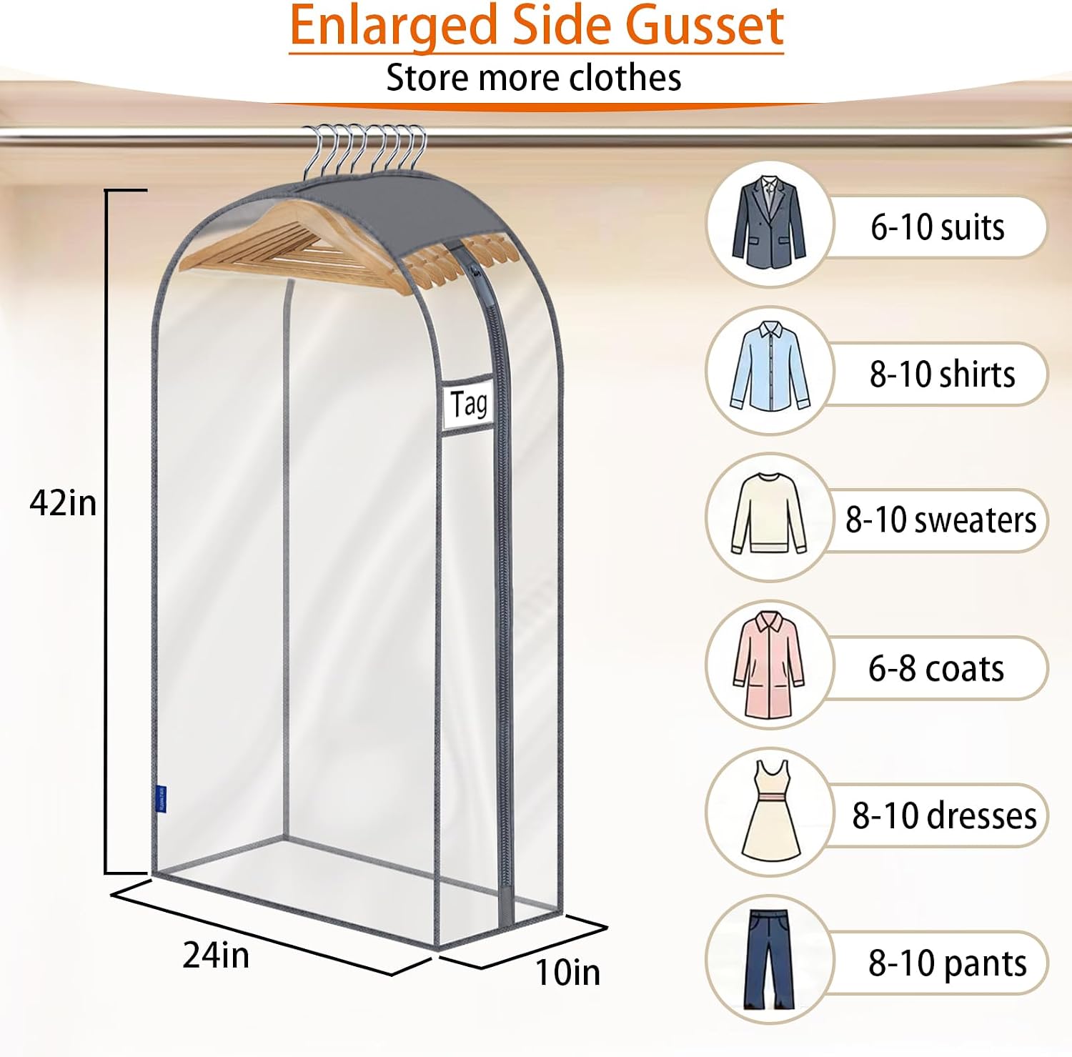 Clear Garment Bags for Hanging Clothes 10" Side Gusset, Suit Bags for Closet Storage, Suit Cover for Shirts Coats Dresses (24"X42"X10" 3Pack)