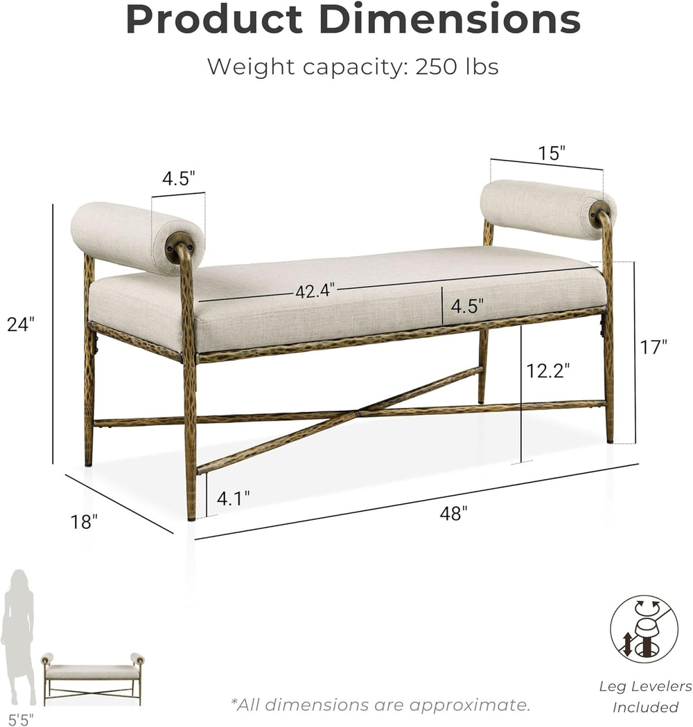 24/7 Shop at Home Lalia Upholstered 48-inch Metal Bench with Padded Roll Arms...