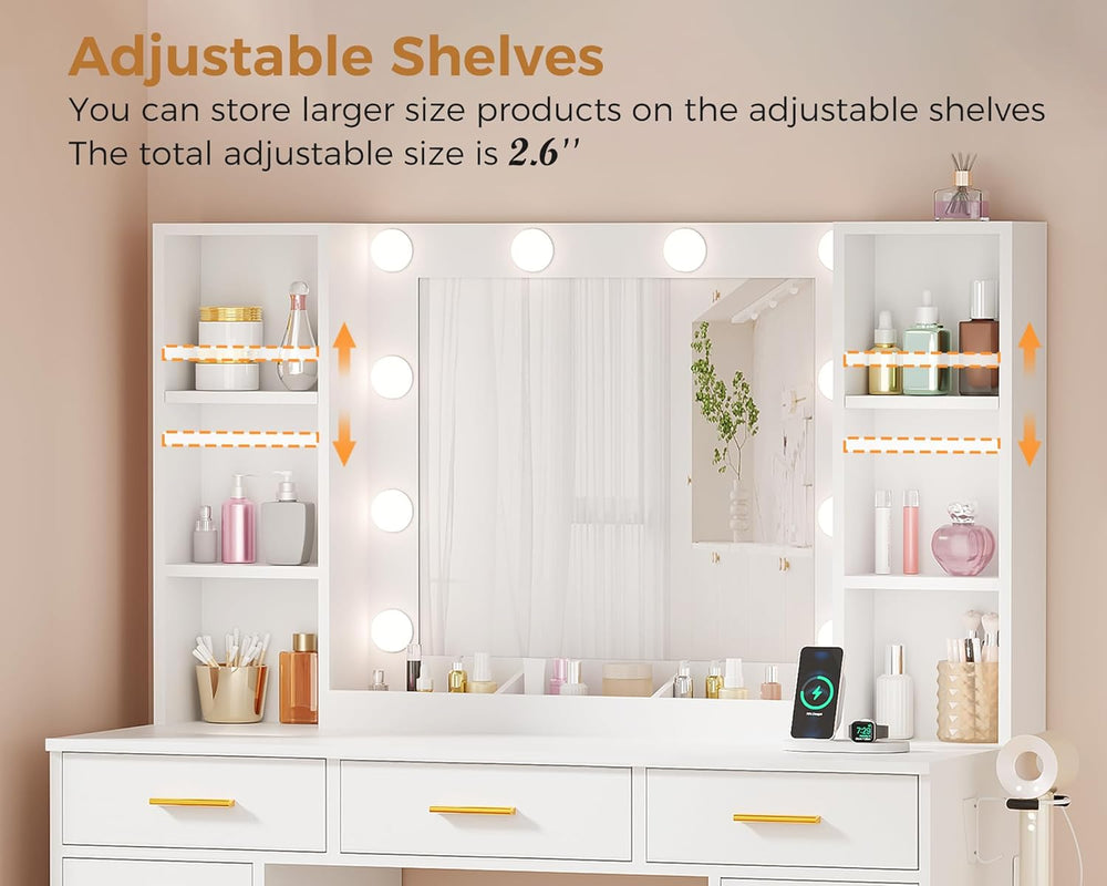 ANWBROAD 11 Drawers Makeup Vanity Desk with Mirror and Lights,Stool | White V...