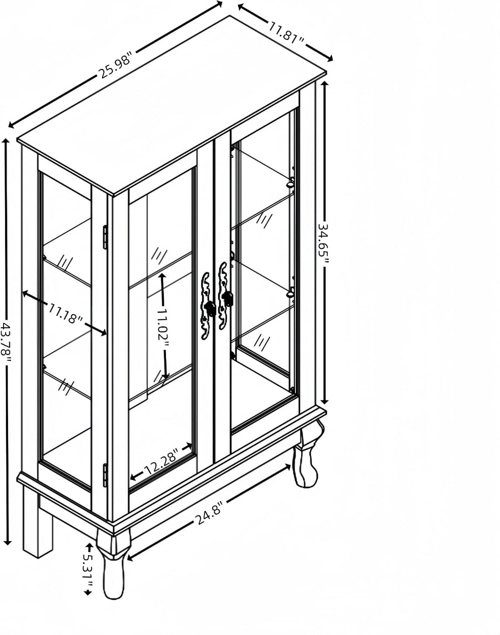 47" Lighted Glass Accent Curio Cabinet, 3-Tier Antique Storage Cage with...