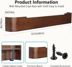 Coat Rack Wall Mount with Hidden Hooks Modern Key Holder Wood Entryway Hook with Shelf for Bedroom Kitchen Hallway Bathroom Designed for Hanging Coats Hats Bags Towel Dog Leashe(Walnut,8 Hooks)