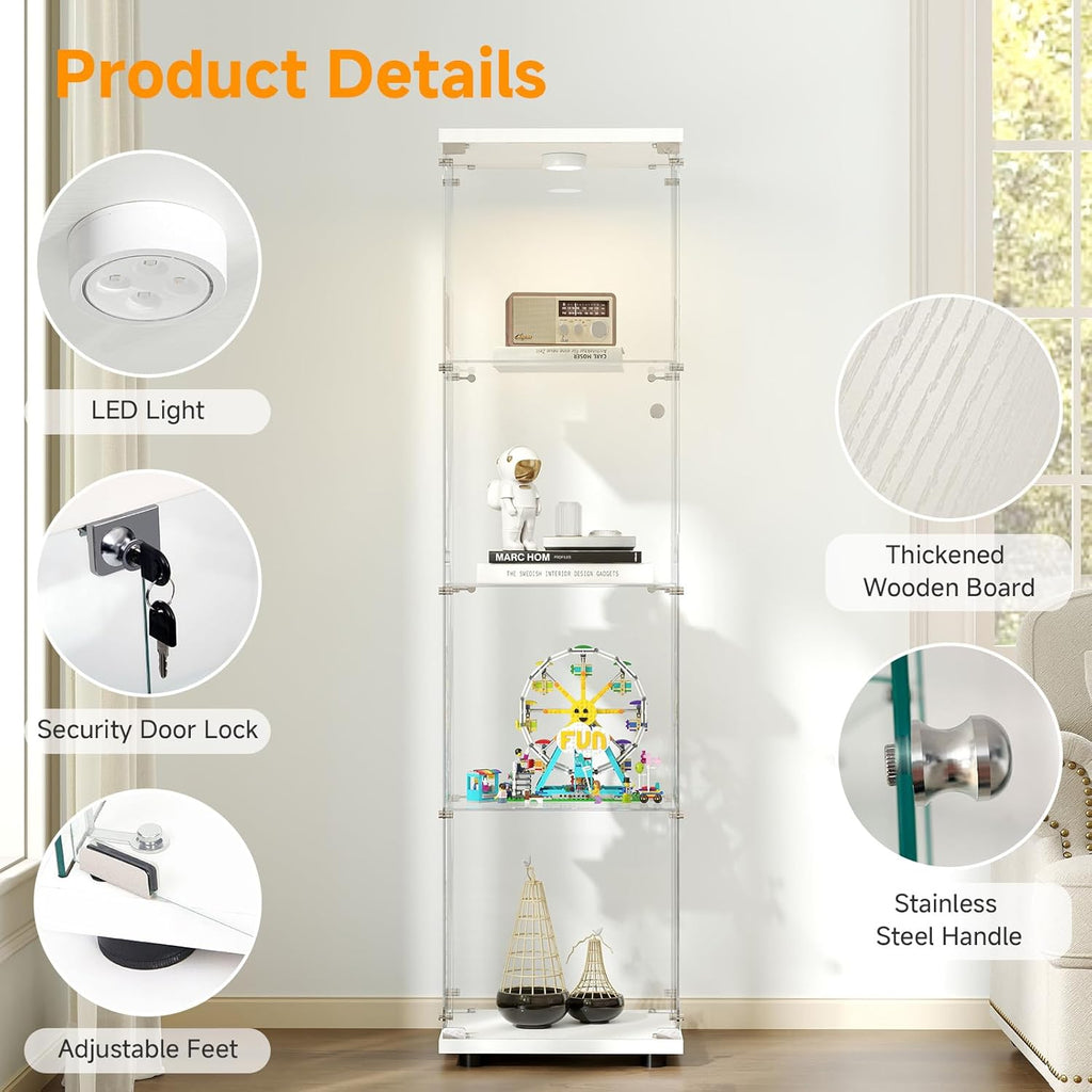 Tempered Glass Display Cabinet with Lights, 4-Tier Curio Cabinet with Glass Doors and Lock, Glass Display Case for Collectibles, for Living Room, Bedroom, Office, White, Single Door