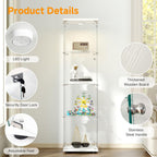 Tempered Glass Display Cabinet with Lights, 4-Tier Curio Cabinet with Glass Doors and Lock, Glass Display Case for Collectibles, for Living Room, Bedroom, Office, White, Single Door