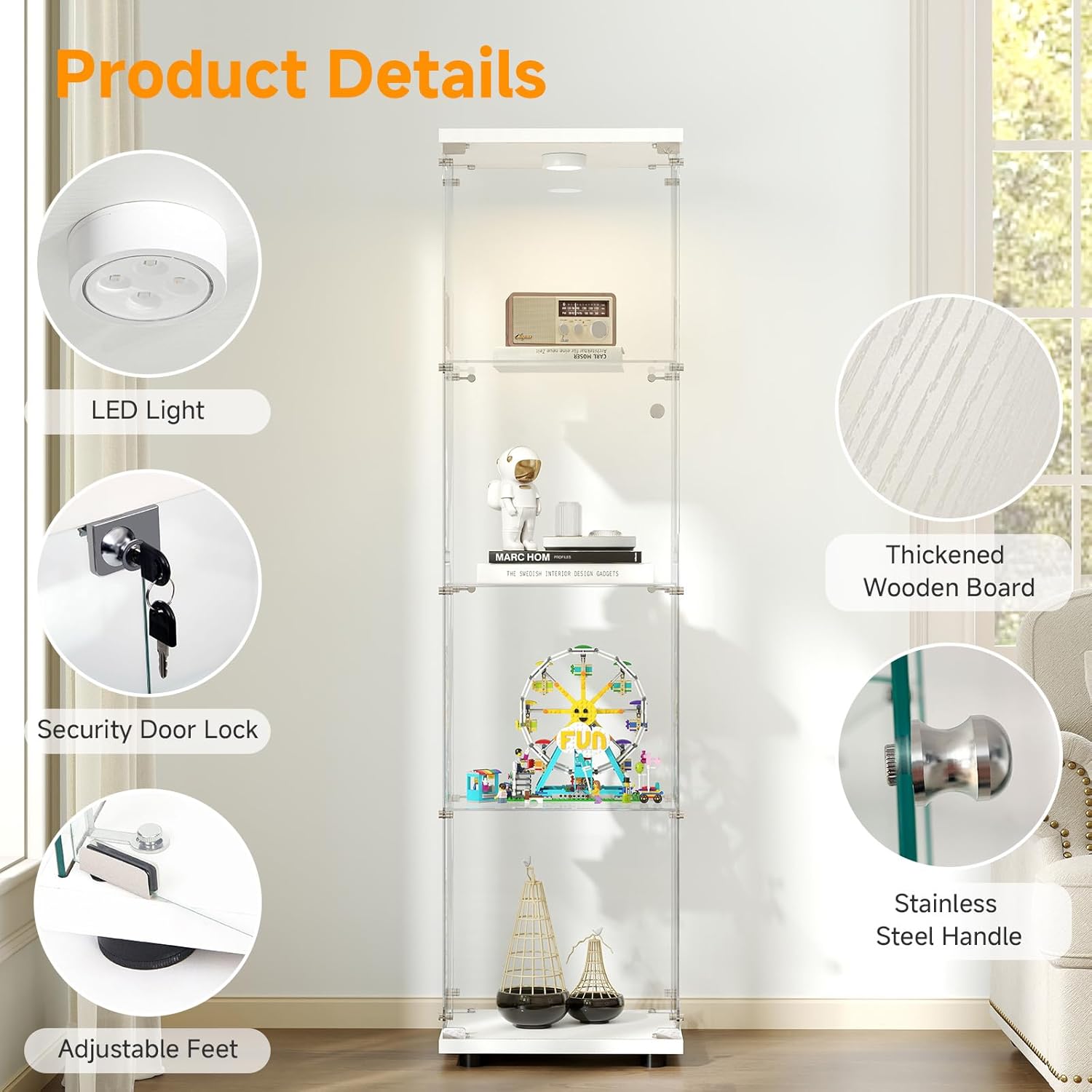 Tempered Glass Display Cabinet with Lights, 4-Tier Curio Cabinet with Glass Doors and Lock, Glass Display Case for Collectibles, for Living Room, Bedroom, Office, White, Single Door