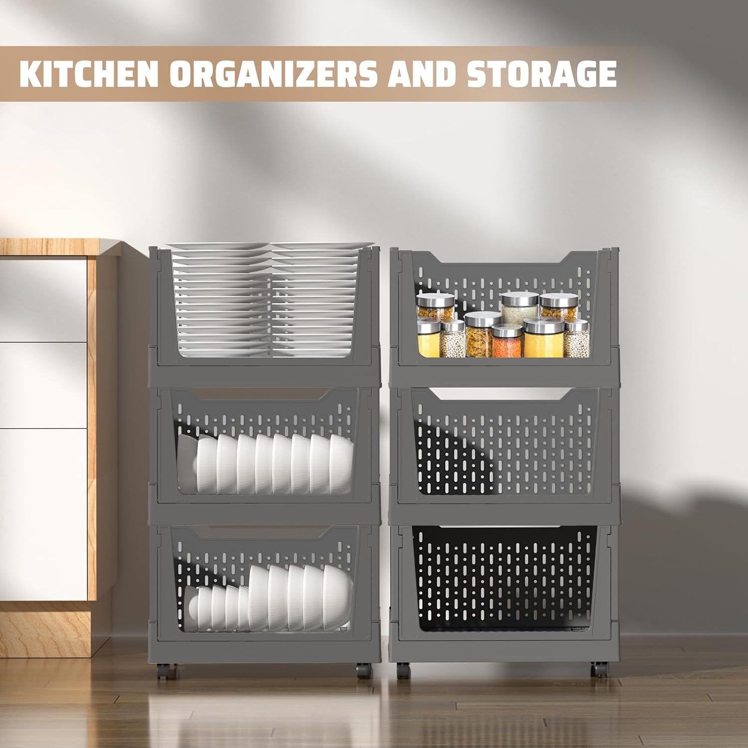 Stackable Plastic Storage Bins, 3 Pack Foldable Closet Organizers and Storage Basket with Wheels, Collapsible Drawer Shelf Storage Box Container for Office Bedroom Closet Wardrobe Kitchen Bathroom
