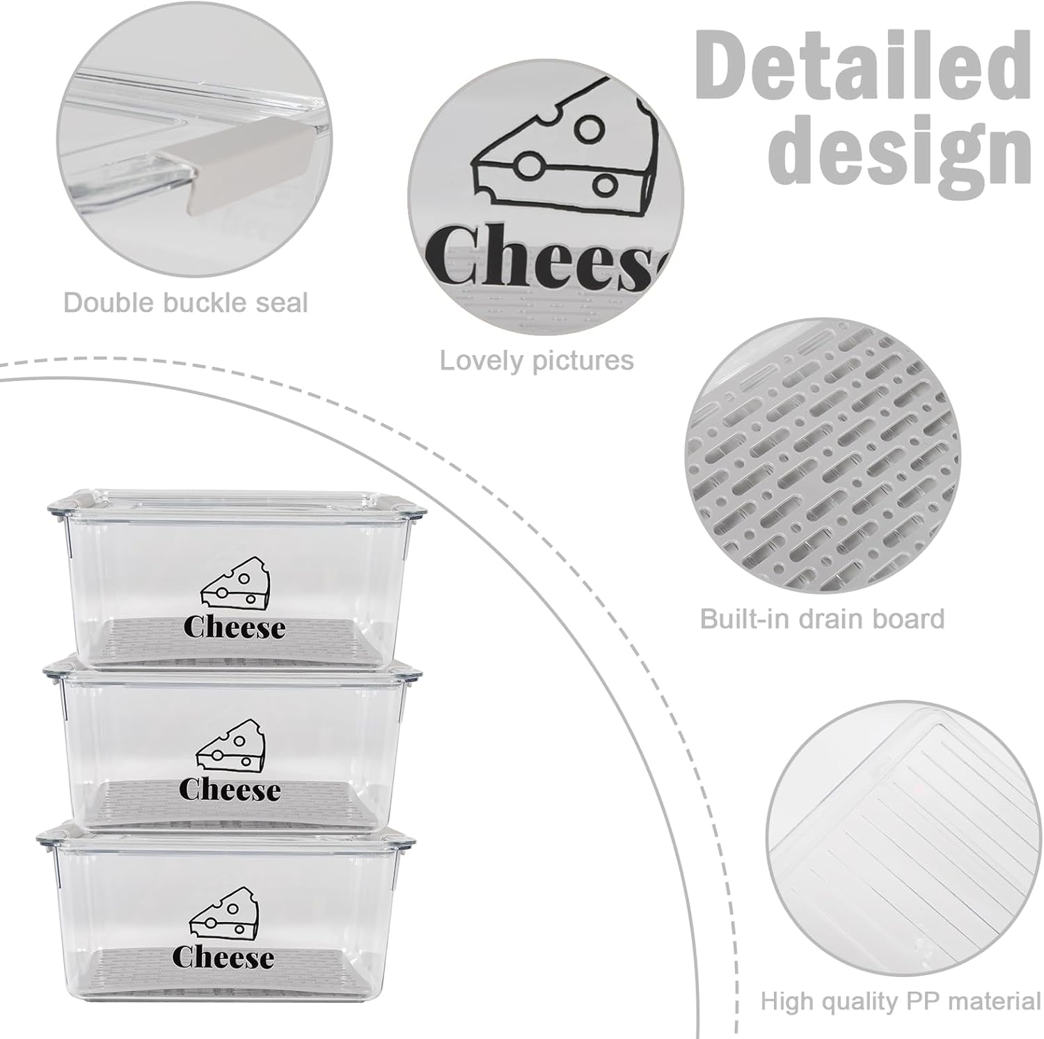 Cheese Holder Food Storage, Airtight Cheese Storage Box with Lid- Non Toxic, Lunch Meat Storage Sandwich Ham Cheeses Salami Sliced Turkey for Refrigerator to Keep Food Fresh,Clear-3Pack