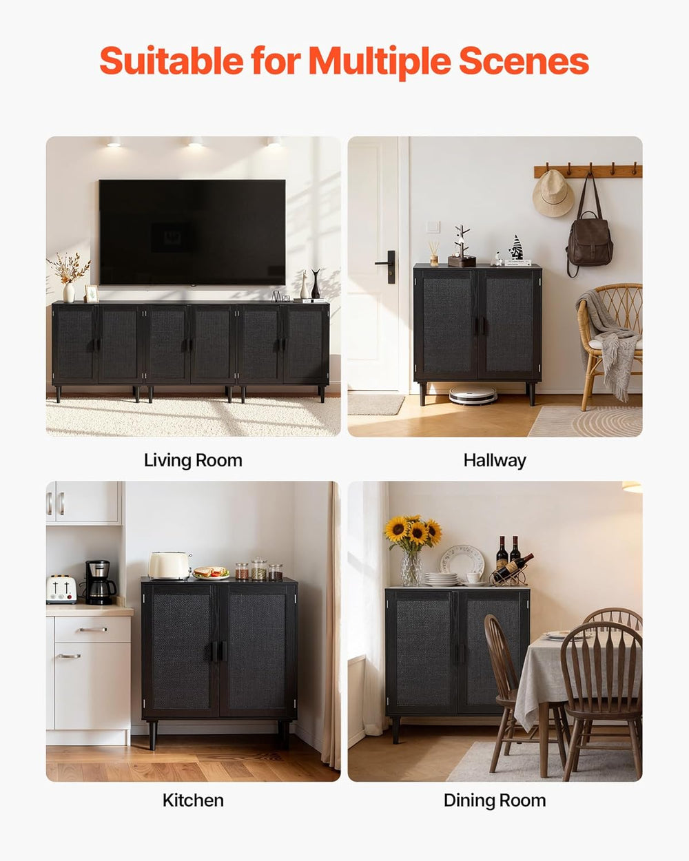 VEVOR Buffet Cabinet, Rattan Sideboard Cabinet with 2 Magnetic Doors and Adju...