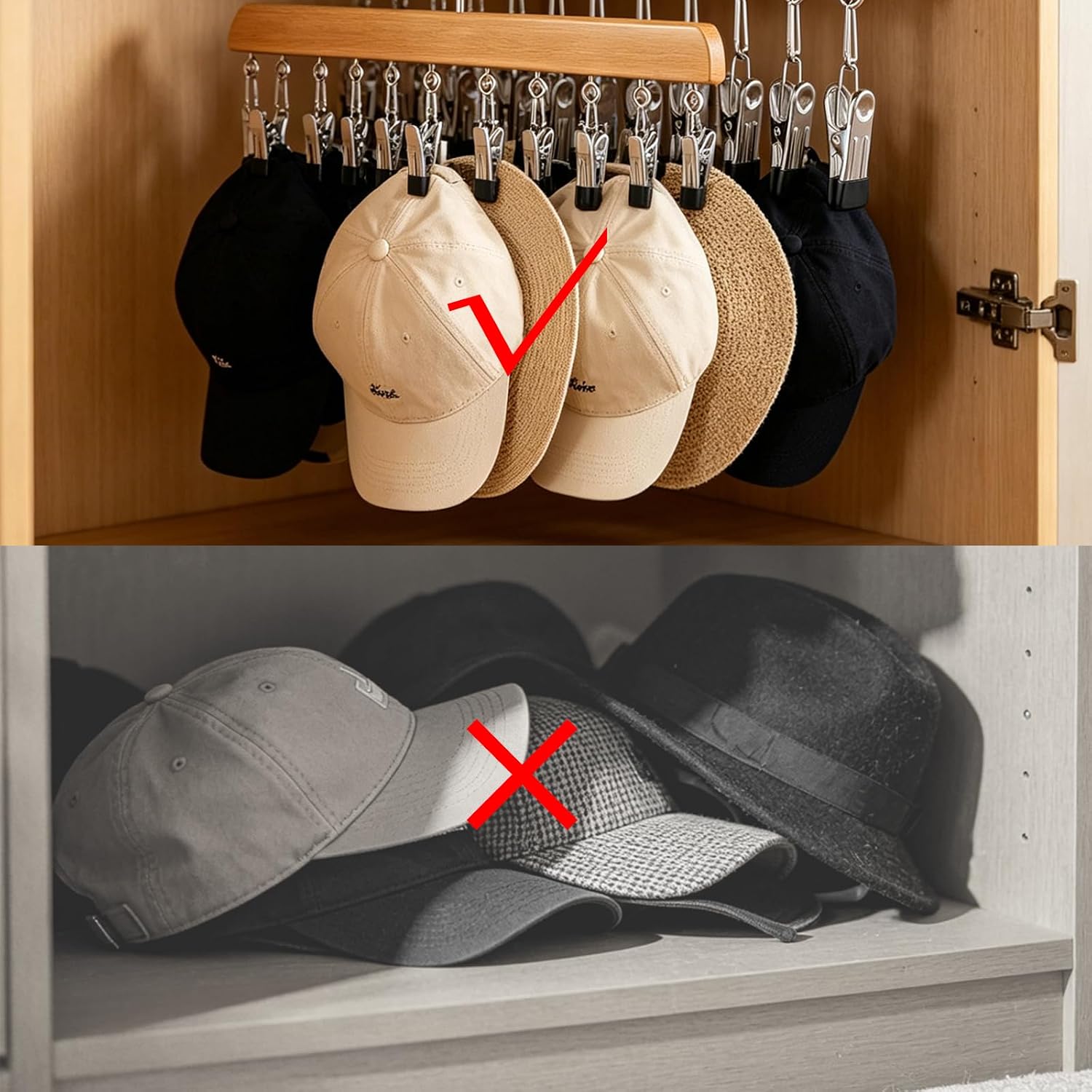 Closet Organizer with 10 Clips, 2 Pack Wooden Hanging Storage Hanger, Space Saving Multifunctional Rack for Ties, Scarves, Hats & Small Accessories