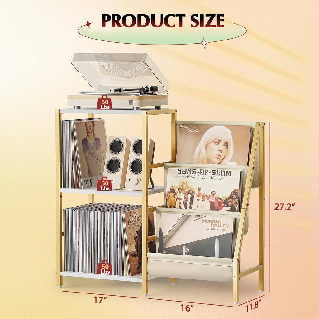 Record Player Stand, Vinyl Record Storage Table with Display Holder Shelf | Record Player Table with Vinyl Organizer 200 Album Rack, Mid Century Modern Turntable Stand, Vintage Media Console for Stereo