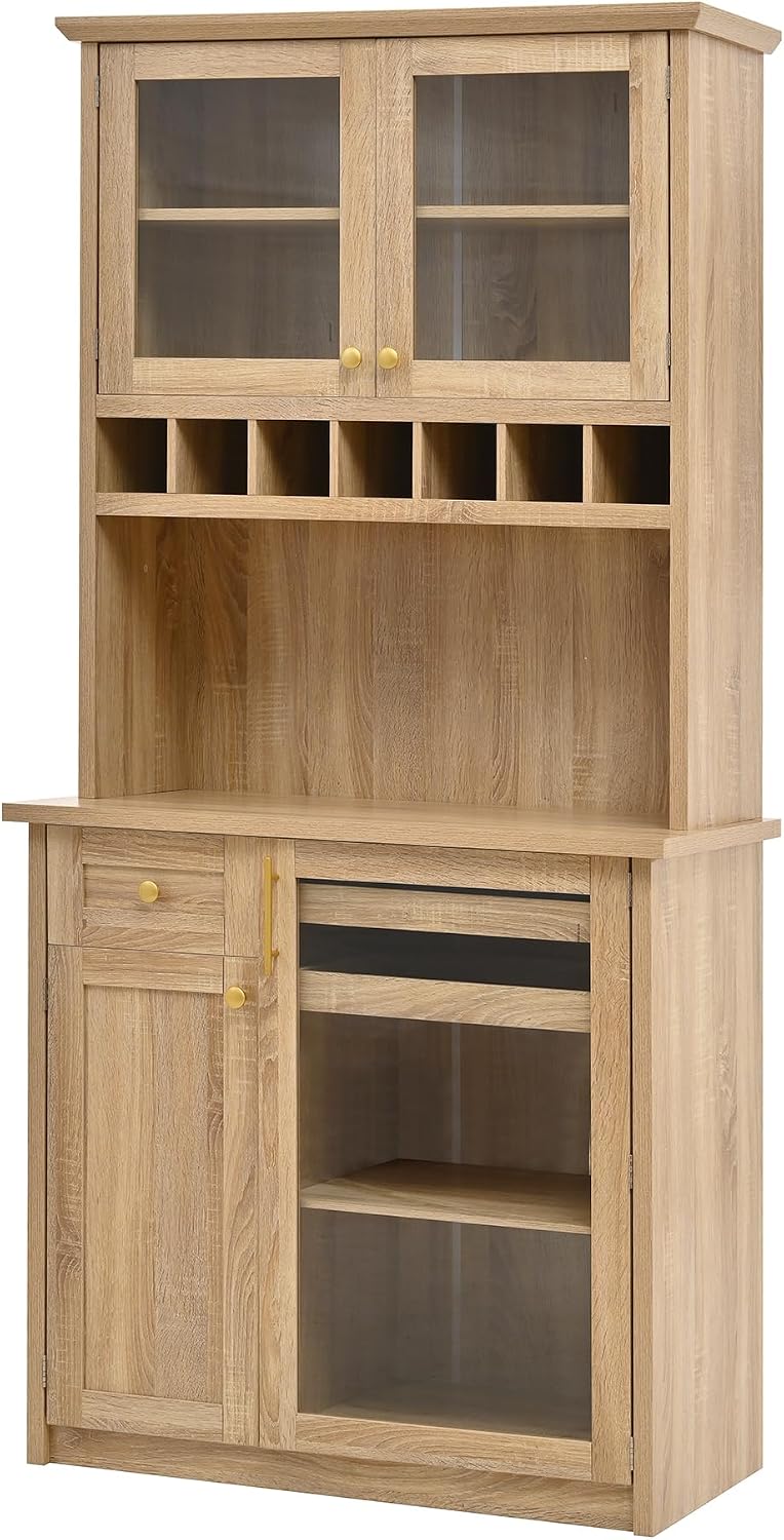 Farmhouse Freestanding Buffet with Hutch, Tall Kitchen Pantry with Wine Rack ...