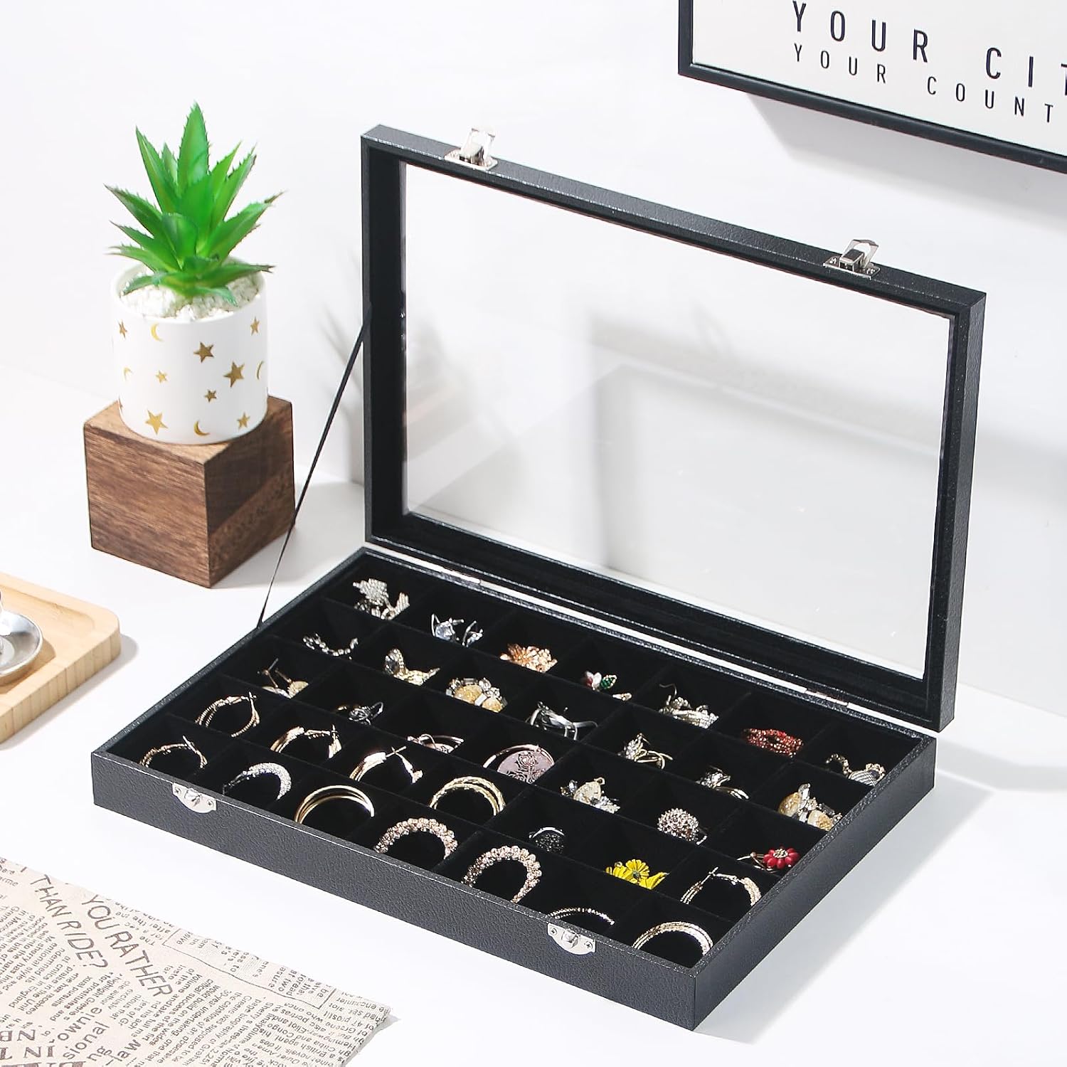 Coward Ring Earring Jewelry Organizer Box, 35 Grids Dustproof Display Holder Case, Black Velvet Jewelry Bead Display Tray Case with Transparent Glass Lid for Momen Girls