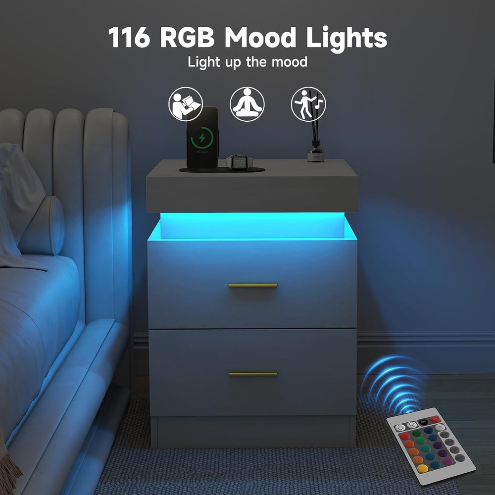 Night Stand Set of 2, 18'' LED Nightstand with Charging Station, Mode...