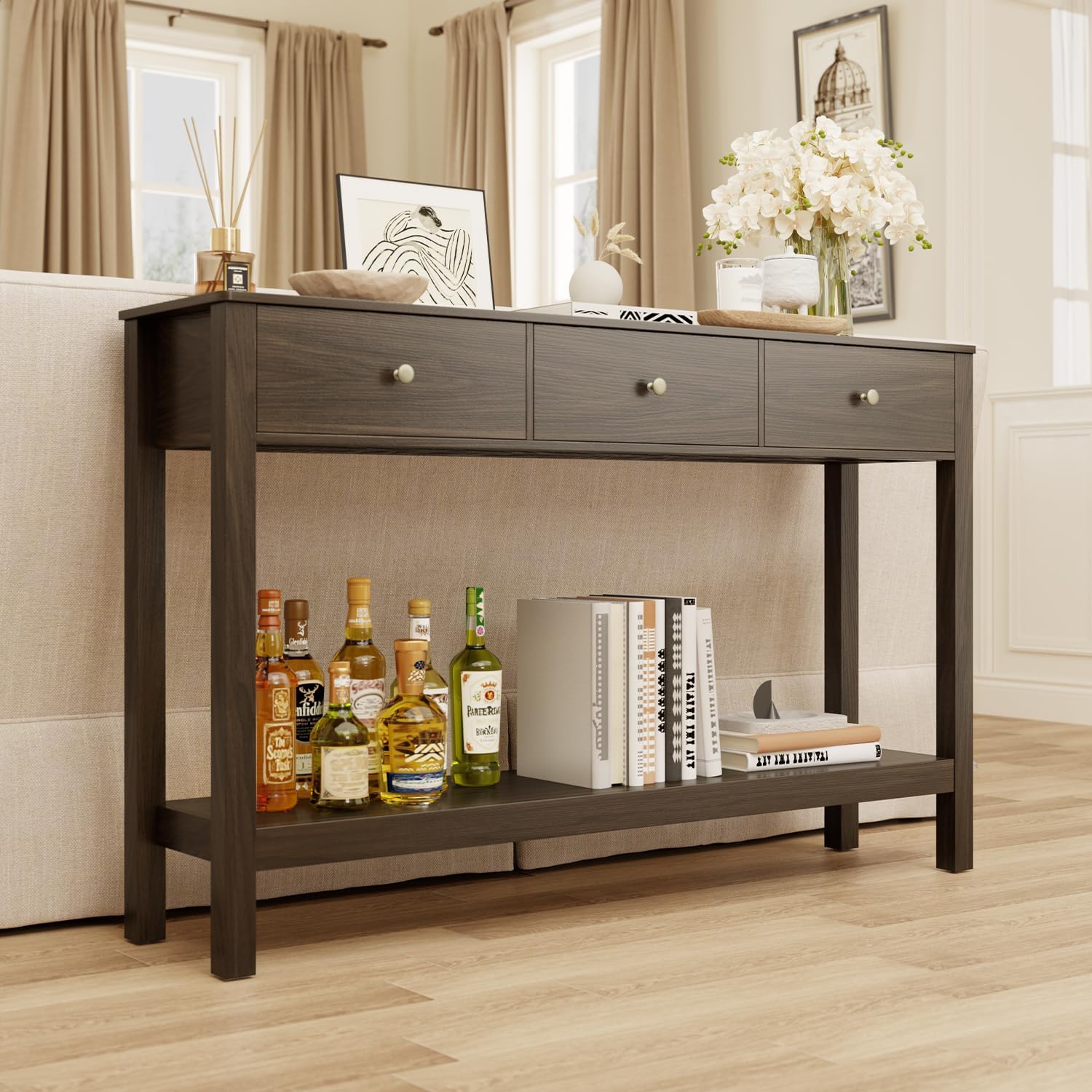 Gizoon Sofa Table with 3 Drawers, Modern Accent Console Table with Open Shelf, Large Storage Space, for Living Room, Front Hall, Entrance Hall, Study Room, Dark Brown
