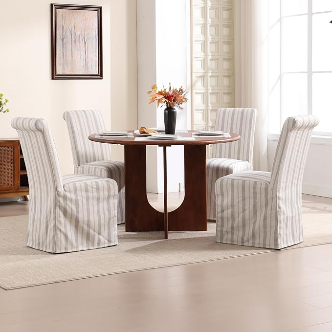 Parsons Dining Chairs Set of 4 Fabric Upholstered Kitchen Chairs with Wood Legs Armless High Back Side Chairs with Removable Skirtd Cover for Dining/Living Room,Banquet, Khaki