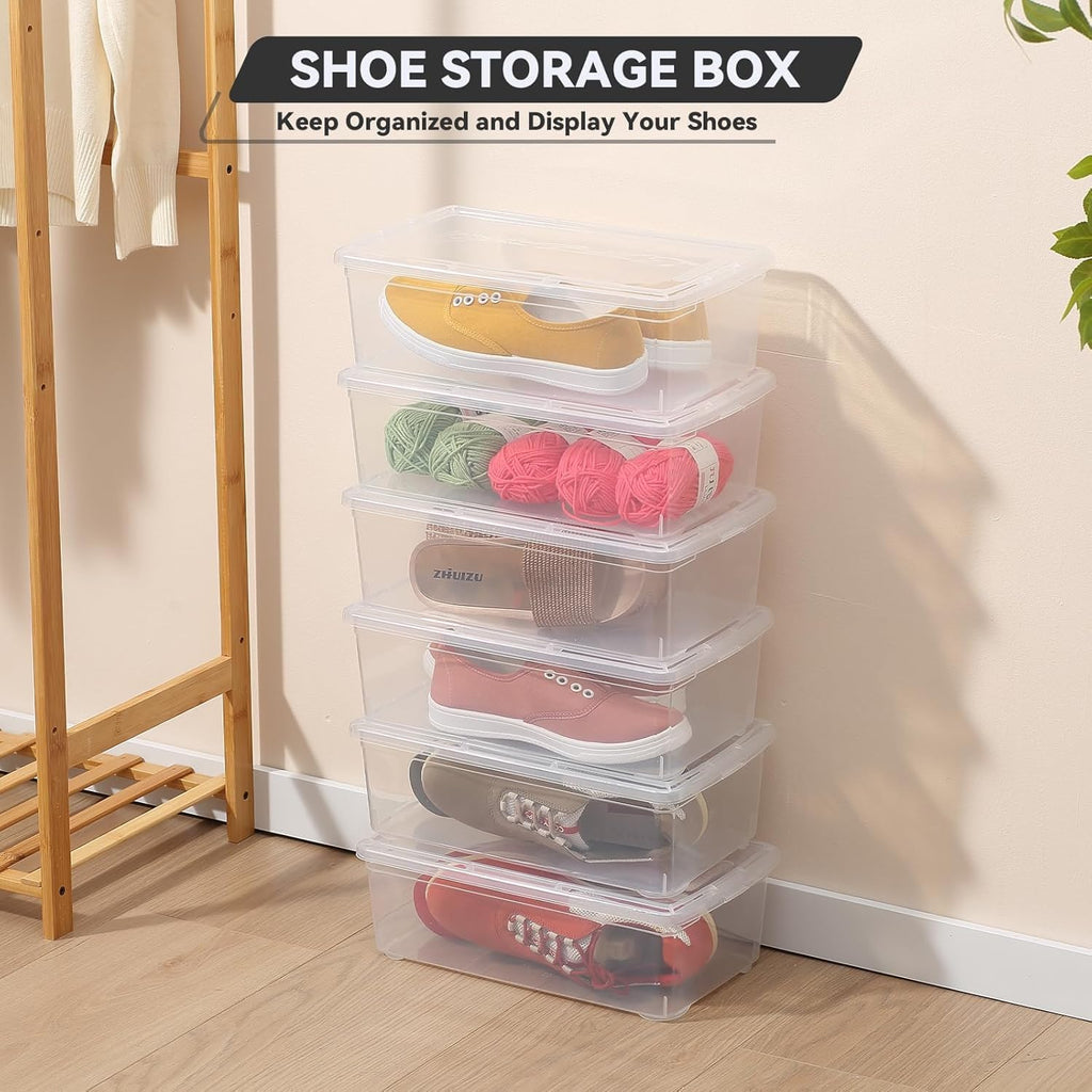 novelinks 12 Pack 6 Quart Clear Plastic Shoe Storage Bins with Lids(Clear) | Shoe Boxes Clear Plastic Stackable, Clear Shoe Storage Boxes, Shoe Containers, Shoe Bins, Craft Organizers and Storage