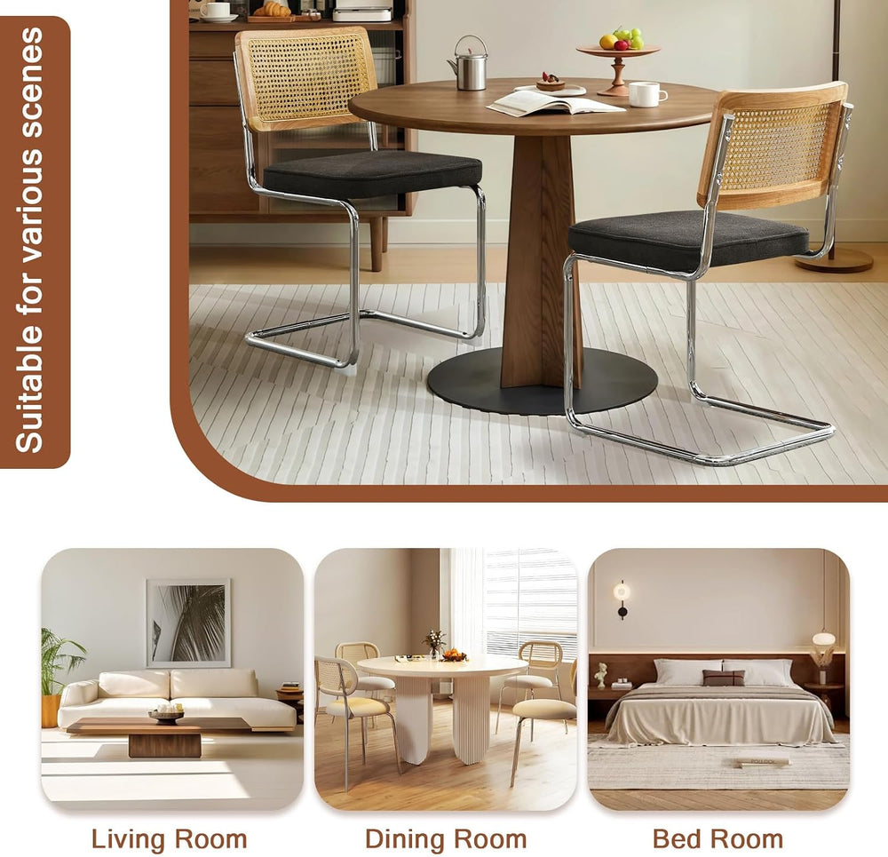 Rattan Back Linen Dining Chair Set of 6 Modern Stainless Chrome Base Armless ...