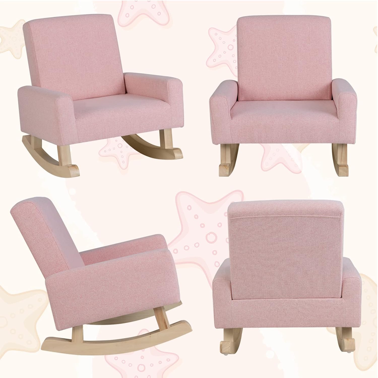 Kids Rocking Chair, Toddler Couch with Solid Wood Base & Non-Slip Pads, Durable Linen Fabric Toddlers Sofa, Children Rocker Armchair in Playroom, Nursery, Bedroom