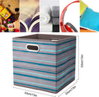 13 inch Collapsible Storage Cubes Bins Teal Stripes Fabric Storage Boxes Foldable Cube Inserts Storage Grey Printed Folding Cloth Storage Baskets Drawer Organizer ,QY-SC05-3