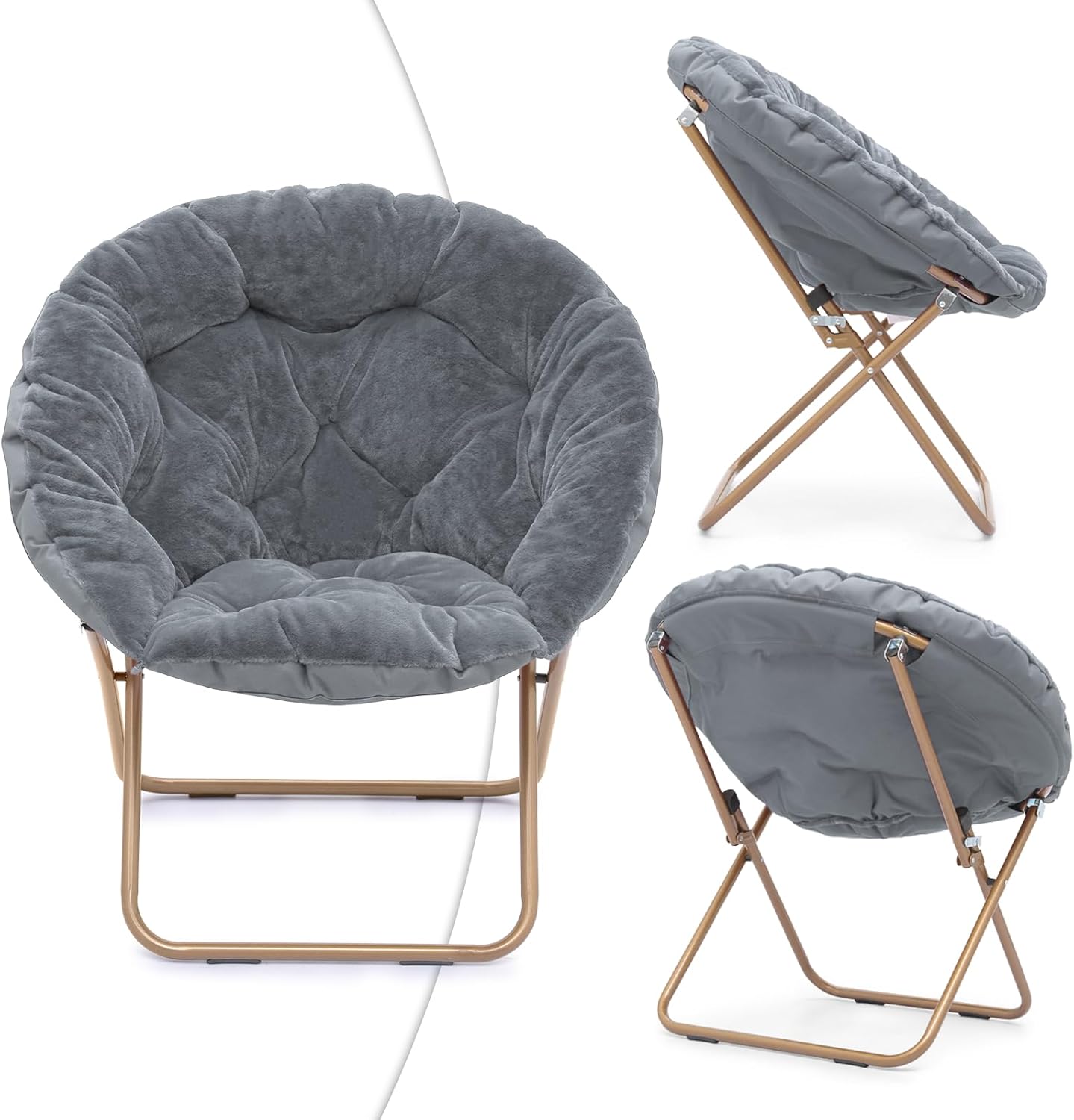 Magshion Folding Saucer Chair for Adults with Ottoman, Circle Reading Chair for Bedroom, Living Room & Dorm, Furry Comfy Accent Seat with Metal Leg & Thick Padded for Small Spaces (Grey, 2 Pack)