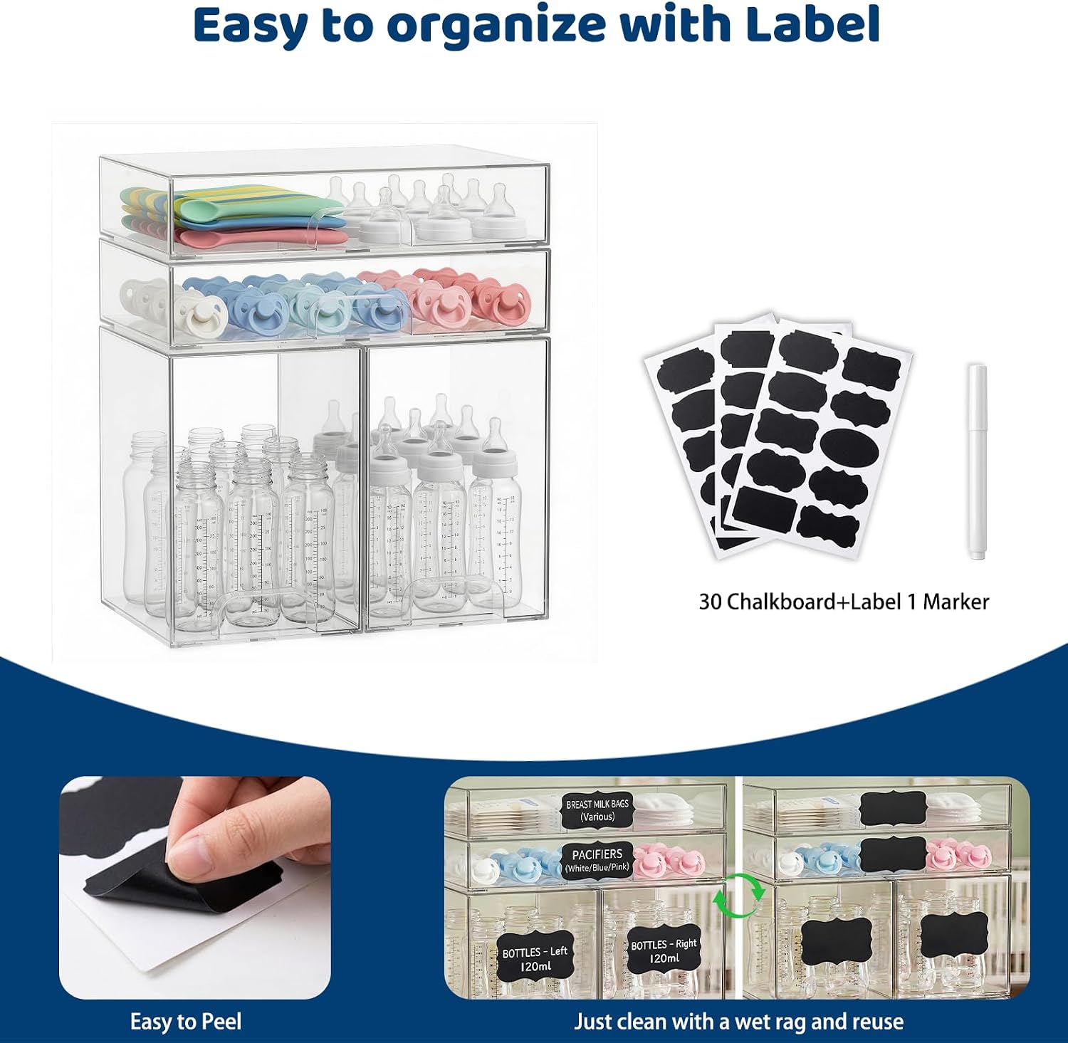 Baby Bottle Organizer Stackable, 4 Pack Clear Stackable Storage Drawers with 3 Stickers & 1 Pen, for Stationery, Cosmetics, Bathroom, Vanity, Countertop & Cabinet ((7.7’’ and 3.4’’Tall)
