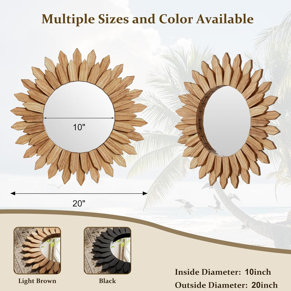 20" Round Sunburst Wooden Mirror Boho Rustic Wall Decor