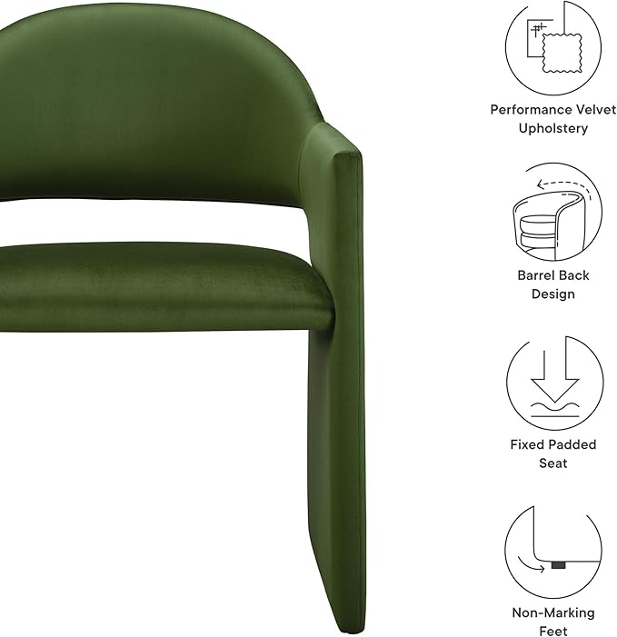 Modway Talia Performance Velvet Dining Armchair in Moss Green - Modern Curved Dining Chair with Open-Back - Stain-Resistant Velvet Barrel Chair - Living Room Accent Chair with Arms