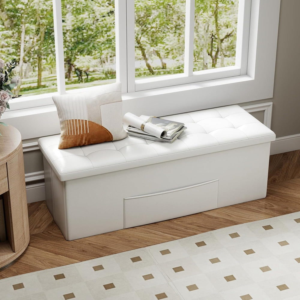 43 Inches Folding Storage Ottoman Bench, Foldable Foot Rest Stool End of Bed ...