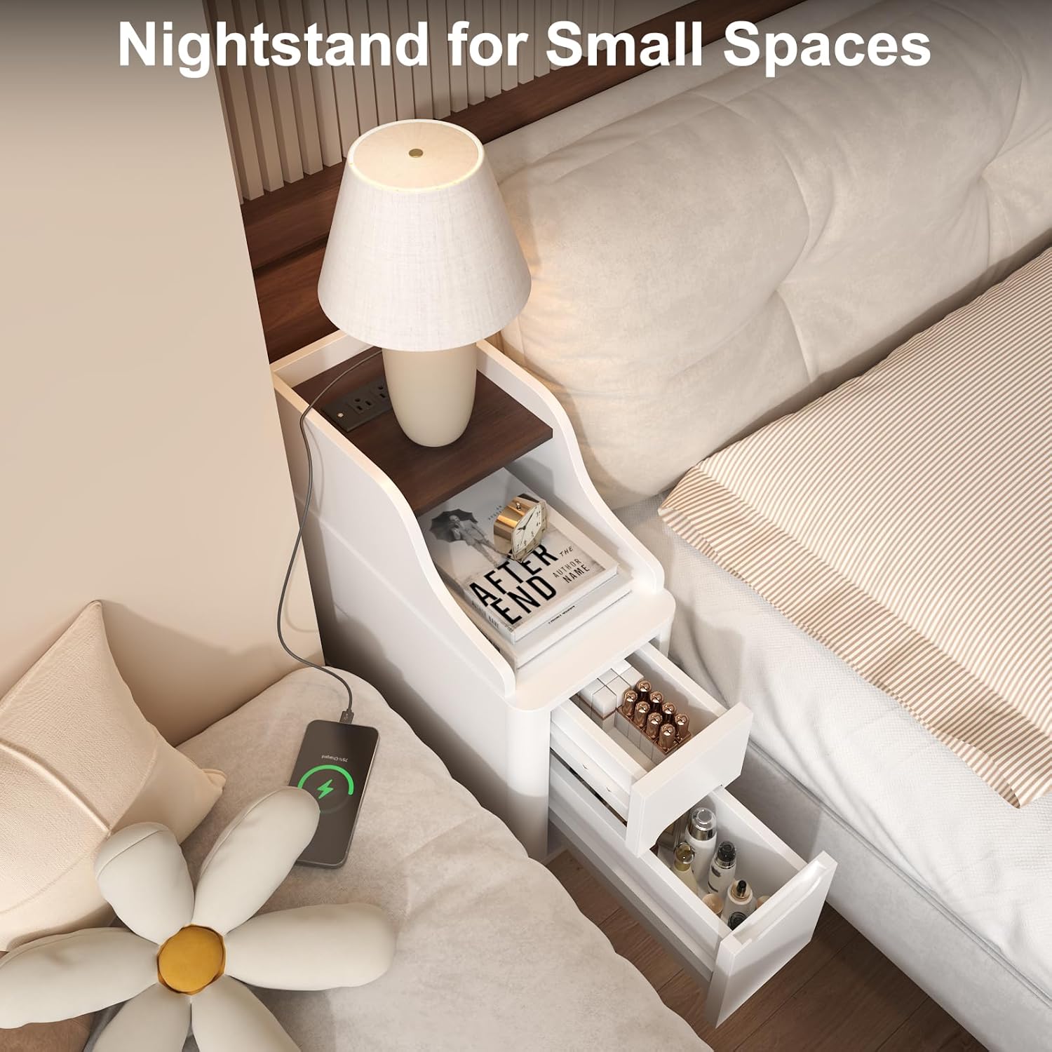 Narrow Nightstand with Drawers, Wood Night Stand with Charger Station, Narrow Bedside Table Modern Side Table Skinny End Table for Bedroom, White