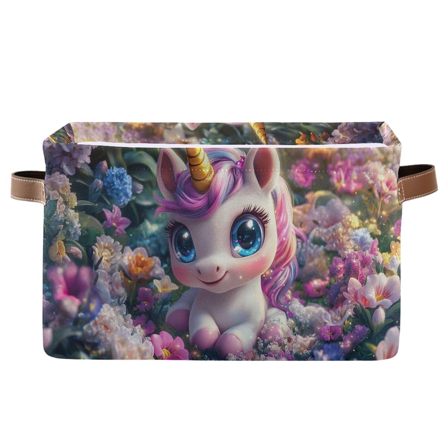 Emelivor Unicorn Flowers Garden Pink Storage Bin Collapsible with Handle Rectangle Waterproof Fall Basket for Storage Cube Closet Organizer for Nursery Office Shelf Book Bathroom