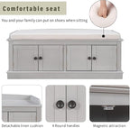Vintage Hallway Storage Bench with 4 Doors and Adjustable Shelves,Entryway Shoe Rack W/Removable Cushion,for Living Room Bedroom Porch,Gray Wash,42″