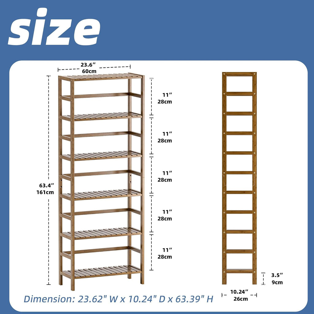 HITNET Bookcase, Bamboo Bookshelf, 6-Tier Adjustable Tall Open Book Shelf, Free Standing Storage Shelves Organizer, Flower Plant Display Stand, Walnut