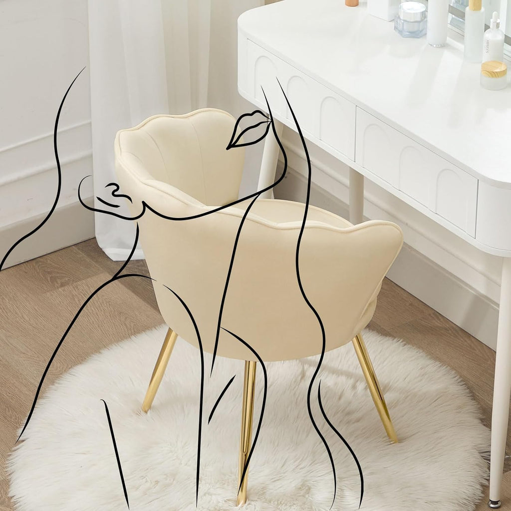 Czlolo Velvet Vanity Chair with Back, Mid-Century Modern Small Accent Chair for Living Room, Golden Metal Legs Upholstered Makeup Chair, 1Pcs Bedroom Armchair, Beige
