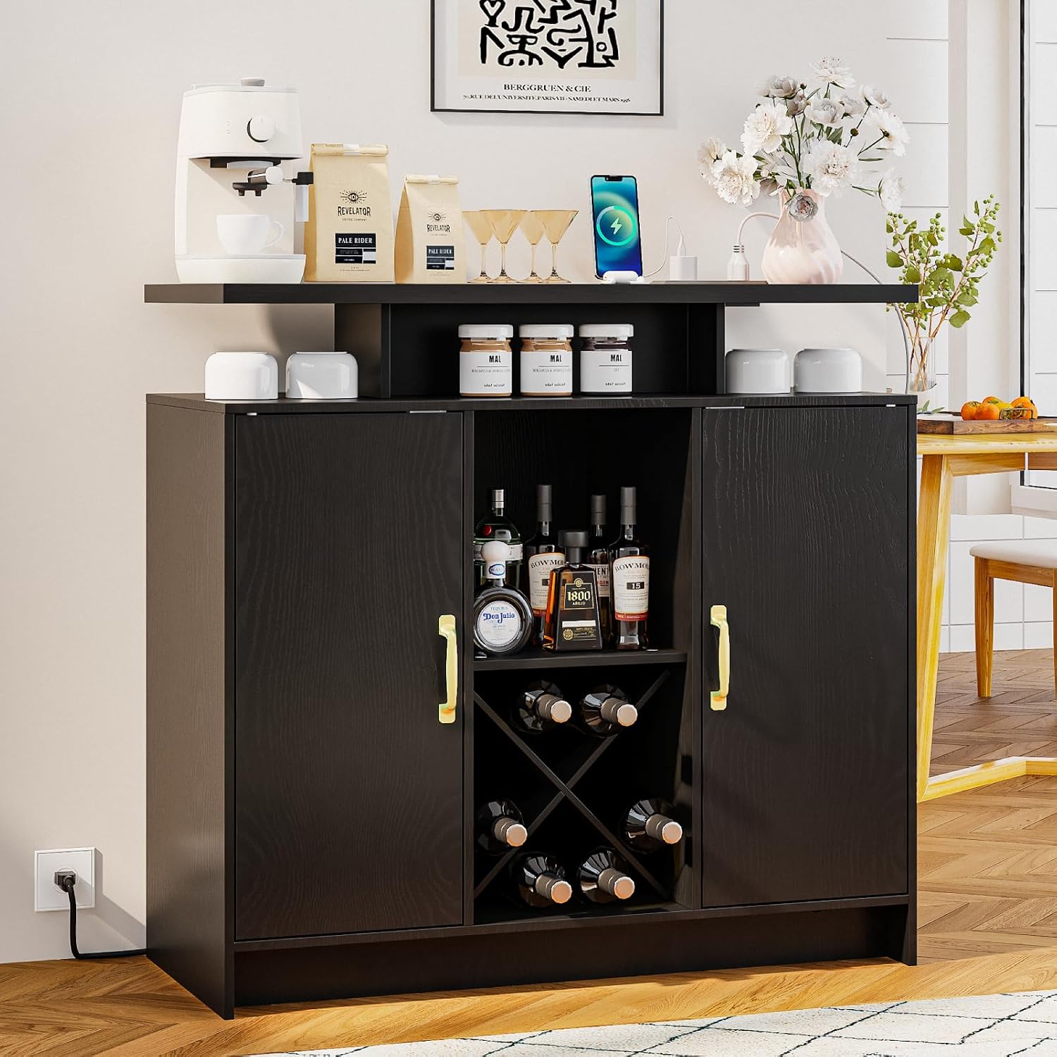 Wine Bar Cabinet with Power Outlet and LED Light, Coffee Bar Cabinet with Wine Rack, Storage Shelves and Cabinets, Large Space Liquor Cabinets for Kitchen Dining Room Living Room, Black