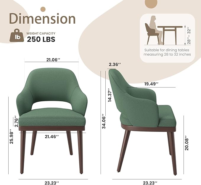 Wooden Dining Chairs Set of 2, Modern Fabric Upholstered Dining Room Chair, Kitchen Side Chairs, Farmhouse Dinner Chair with Open Back for Kitchen, Green