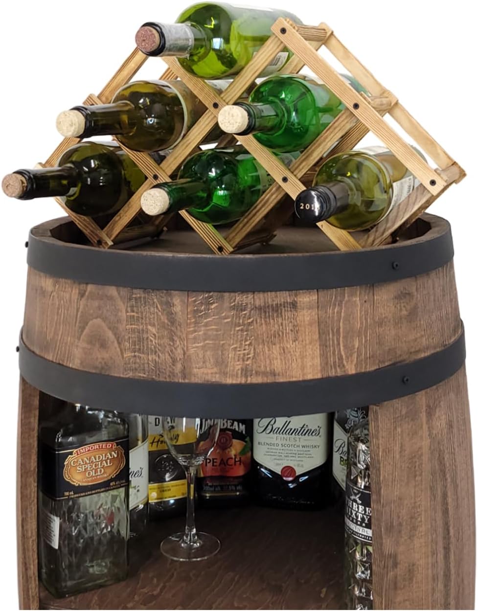 Fassbar L.E.D. with Wine Holder Wine Rack - Wooden Barrel Home Bar 80 cm Rustic Decorative Bar Cabinet Wine Stand - Barrel Beer Wine Bottle Stand - Bar Whisky Gift (Dark Brown)