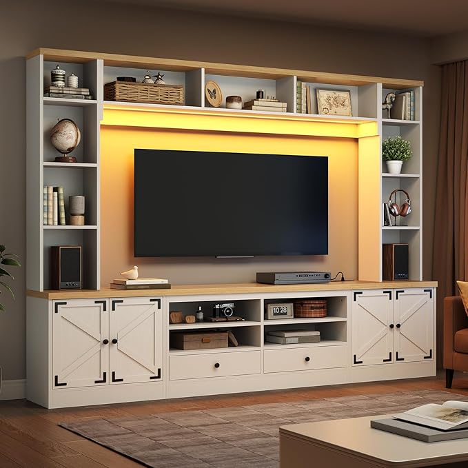 94.5" Wall Unit Entertainment Center with Doors, Farmhouse TV Stand with Bookshelves, Storage Cabinet, Fits TVs up to 78", Large Media Console with LED Light and Power Outlet, for Living Room