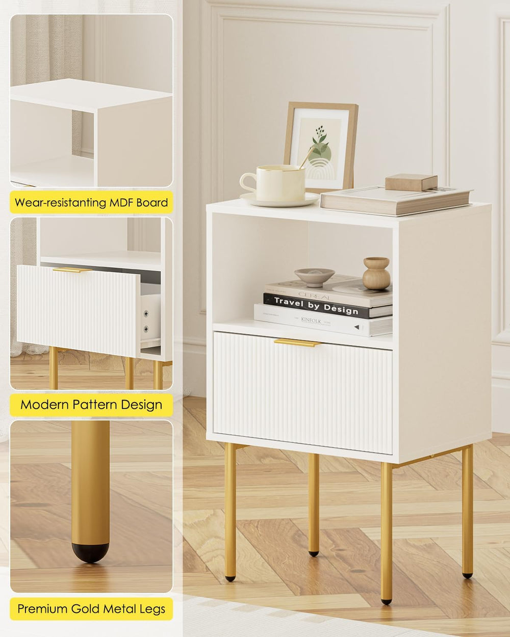 Masupu Night Stand, Mid-Century Bedside Table with Storage Drawer and Open Wo...