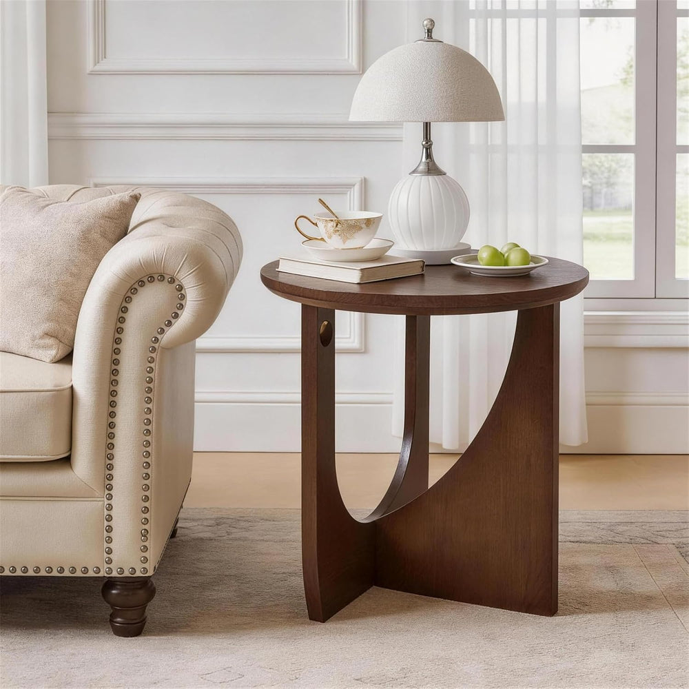 19.68 Inch Round Solid Wood Side Table, Walnut Brown, Modern Rustic Sofa End ...