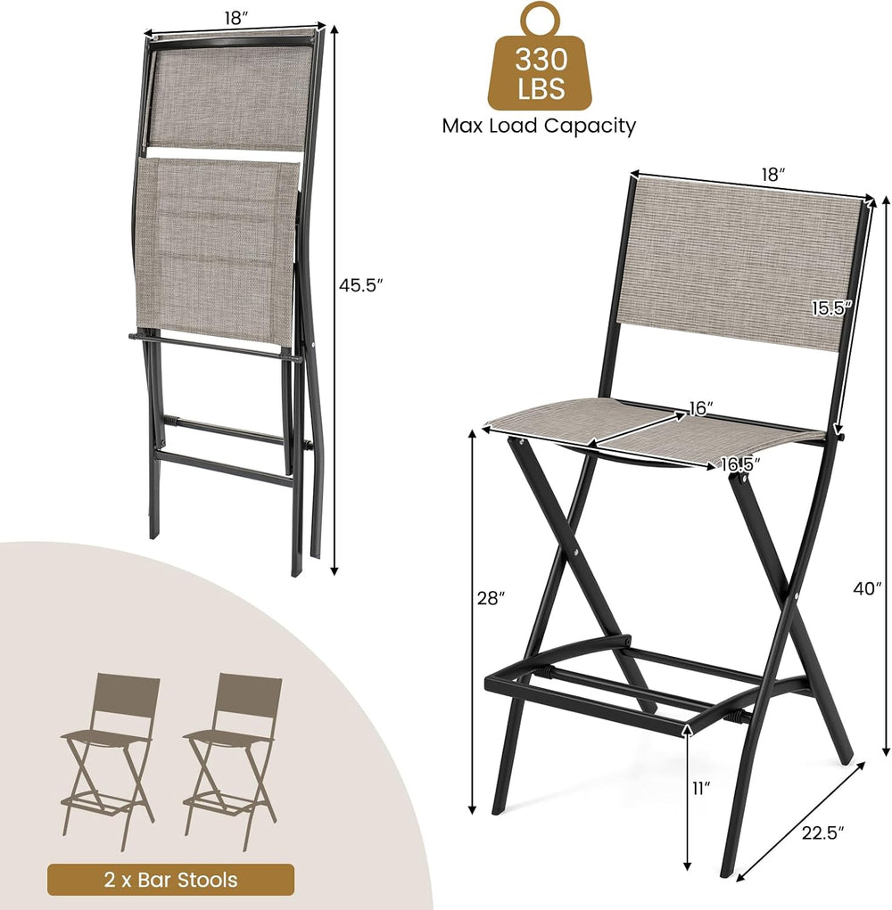 COSTWAY Outdoor Patio Folding Bar Chair Set of 2 with Metal Frame, Footrest