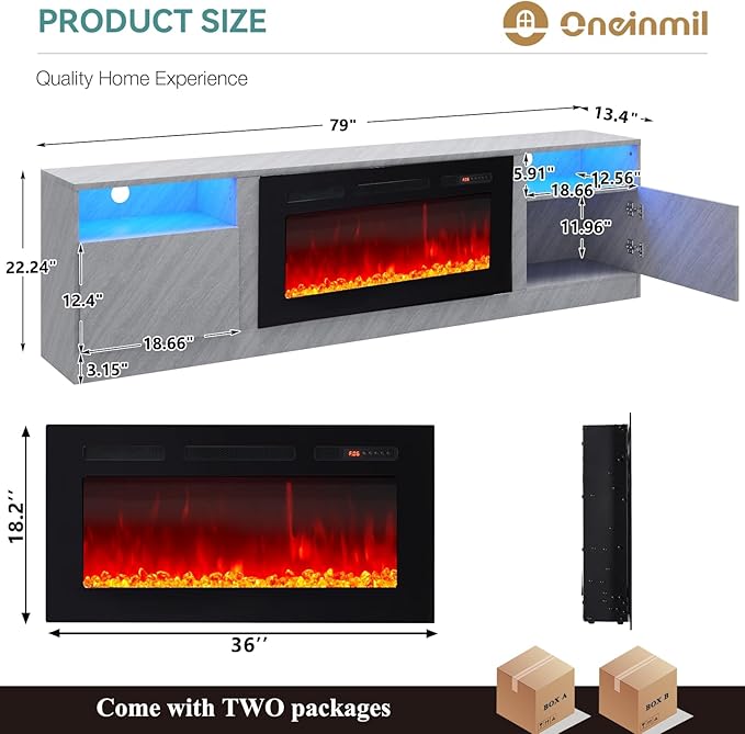 oneinmil 80” TV Stand with 36” Electric Fireplace, Large Modern Media Entertainment Center with Storage Cabinet and 12 Colors LED Lights for TVs Up to 90", Grey+Black