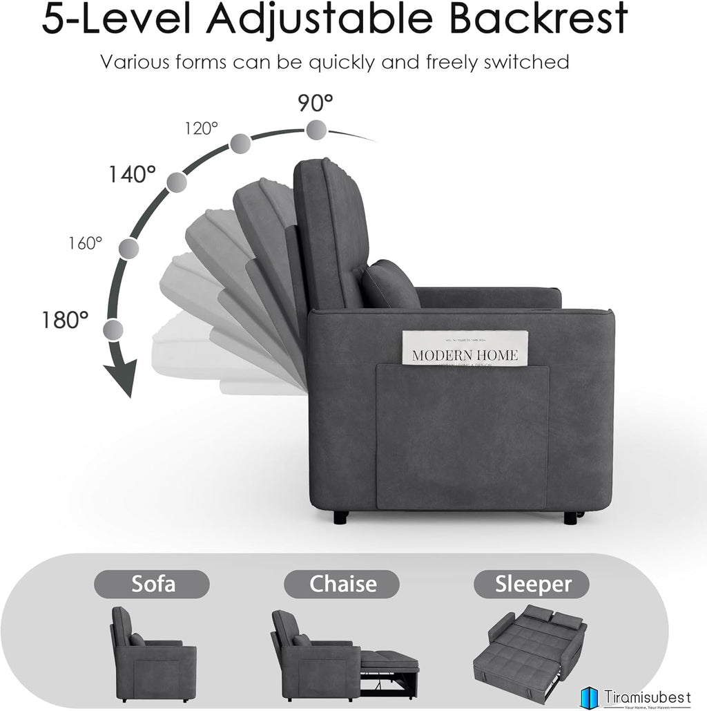 54'' Sleeper Sofa Bed, Convertible Pull Out Couch Futon for for Living Room,Apartment (Darkgrey, Loveseat) Side Pockets, Velvet Fabric, Adjustable Backrest, Pull-Out Bed, Easy Assembly