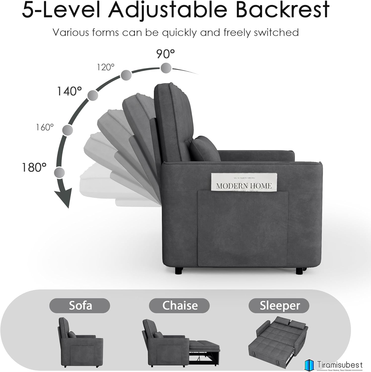 54'' Sleeper Sofa Bed, Convertible Pull Out Couch Futon for for Living Room,Apartment (Darkgrey, Loveseat) Side Pockets, Velvet Fabric, Adjustable Backrest, Pull-Out Bed, Easy Assembly