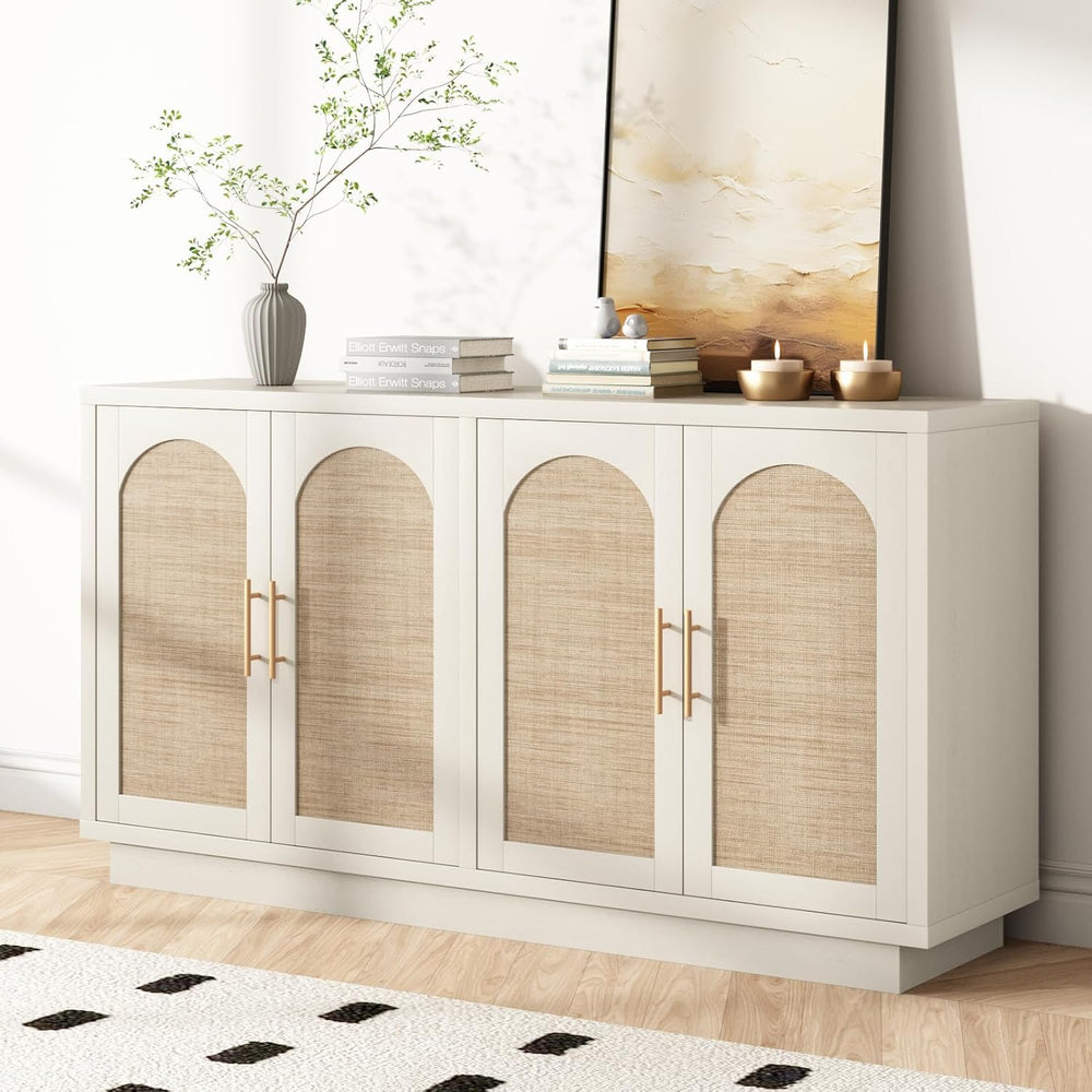 HOKYHOKY 59" Rattan Sideboard Buffet Cabinet with Storage, 4 Arched Doors