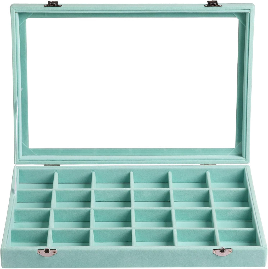 Frebeauty Jewelry Organizer Tray with Clear Lid 24 Grid Velvet Drawer Insert Jewelry Storage box with Transparent Glass lid Jewelry Display Case with Lock Gifts for Girls Women (Turquoise, 24 Grid)