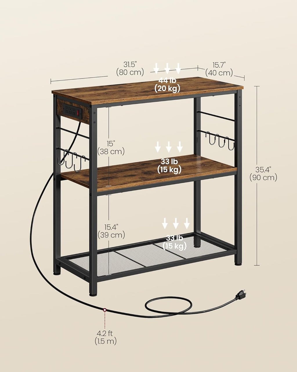 VASAGLE Kitchen Island with Power Strip, Microwave Oven Stand, Kitchen Shelf, Baker's Rack with 3 Open Shelves, 6 Hooks, Metal Frame, 15.7 x 31.5 x 35.4 Inches, Rustic Brown and Black UKKI102KD02S